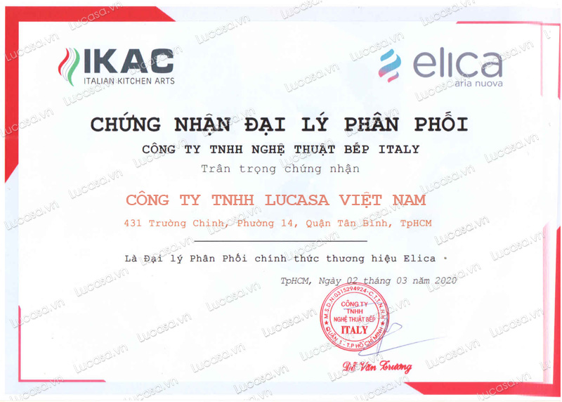 Chứng nhận : Đại Lý Phân Phối Elica Chính Hãng